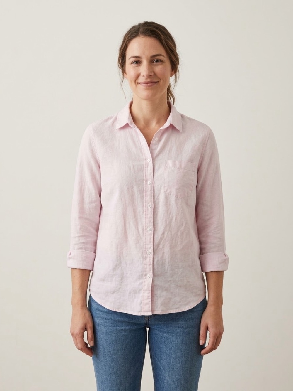 Classic Preppy Linen Ballet  Pink Button-Down Shirt for Women Size 10